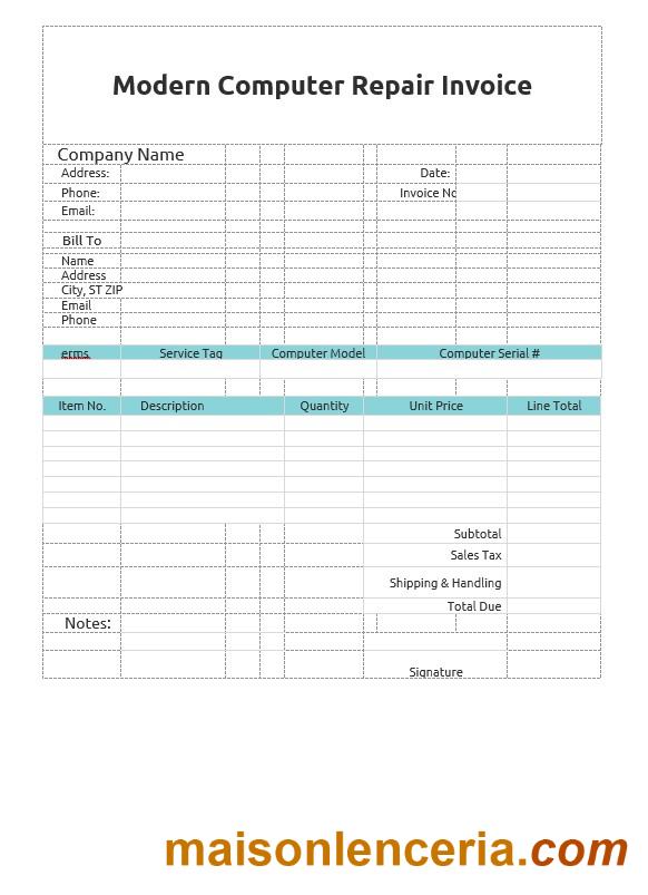 Nowoczesny szablon faktury naprawy komputera w formatach Word i PDF